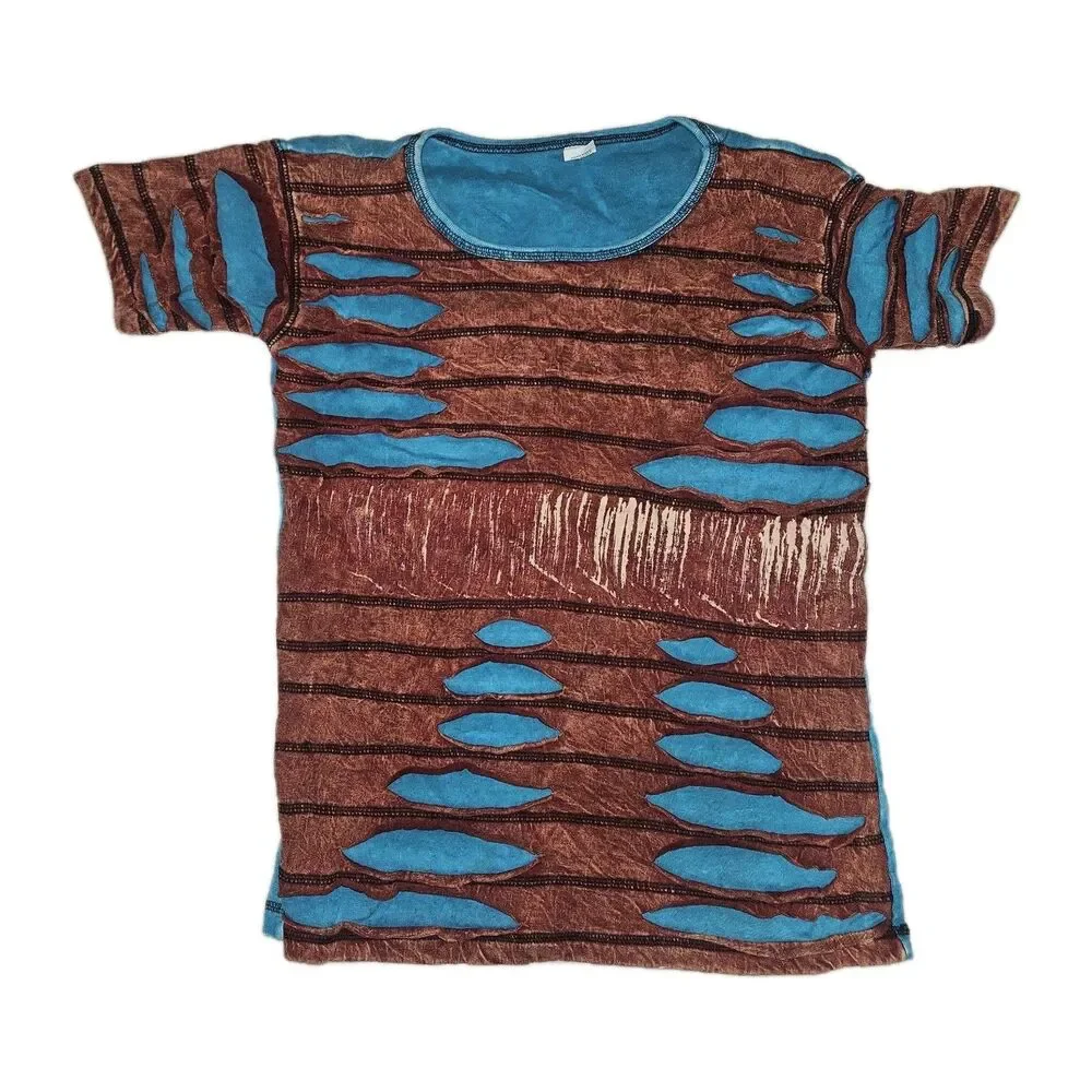 Womens XS Distresed Short Sleeve Top Brown Blue Grunge Boho Hippie 100% Cotton - Picture 1 of 7